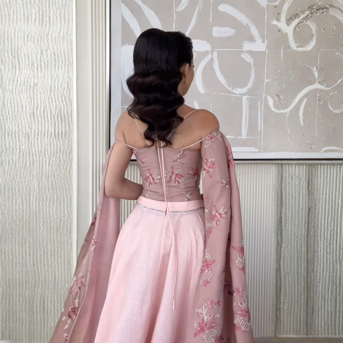 Pink Floral Strap Drape Sleeves Tea Length Dress, Close Up Back