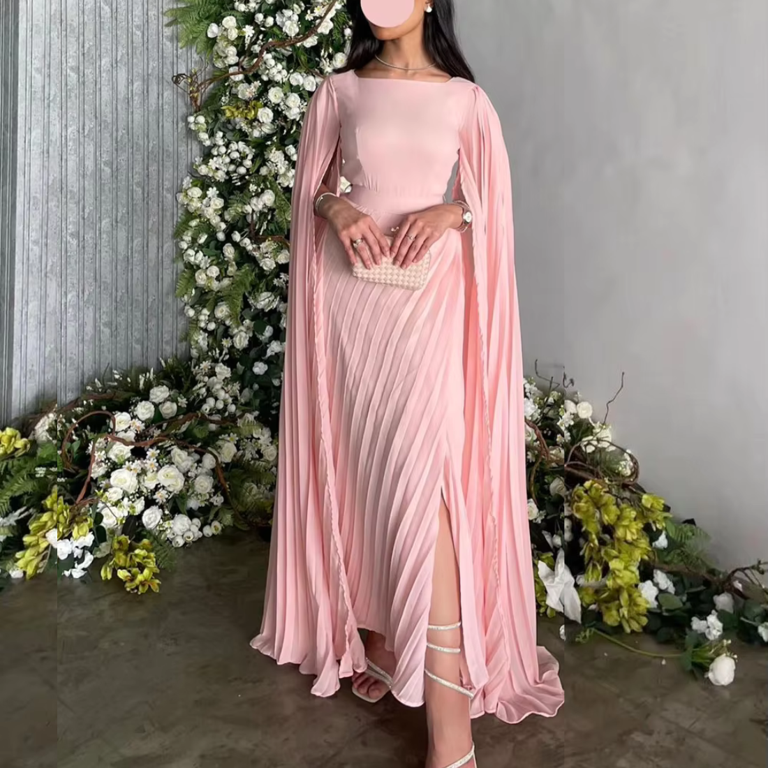 Pink Modest Drape Sleeves Pleated Chiffon Evening Dress 20W Pink Modest Drape Sleeves Pleated Chiffon Evening Dress 20W