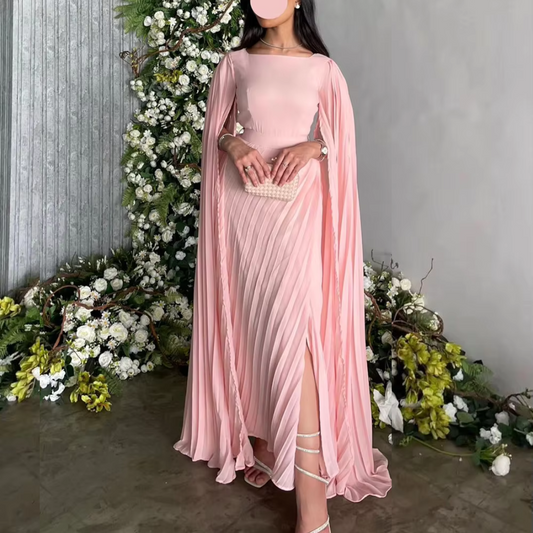 Pink Modest Drape Sleeves Pleated Chiffon Evening Dress