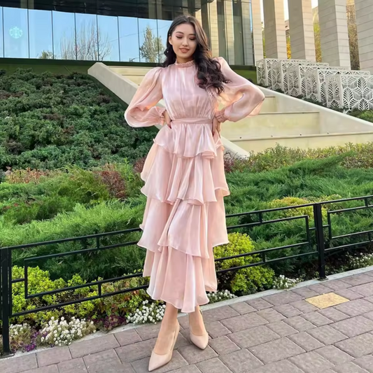 Pink Modest High Neck Ruffle Layered Party Dress, Front