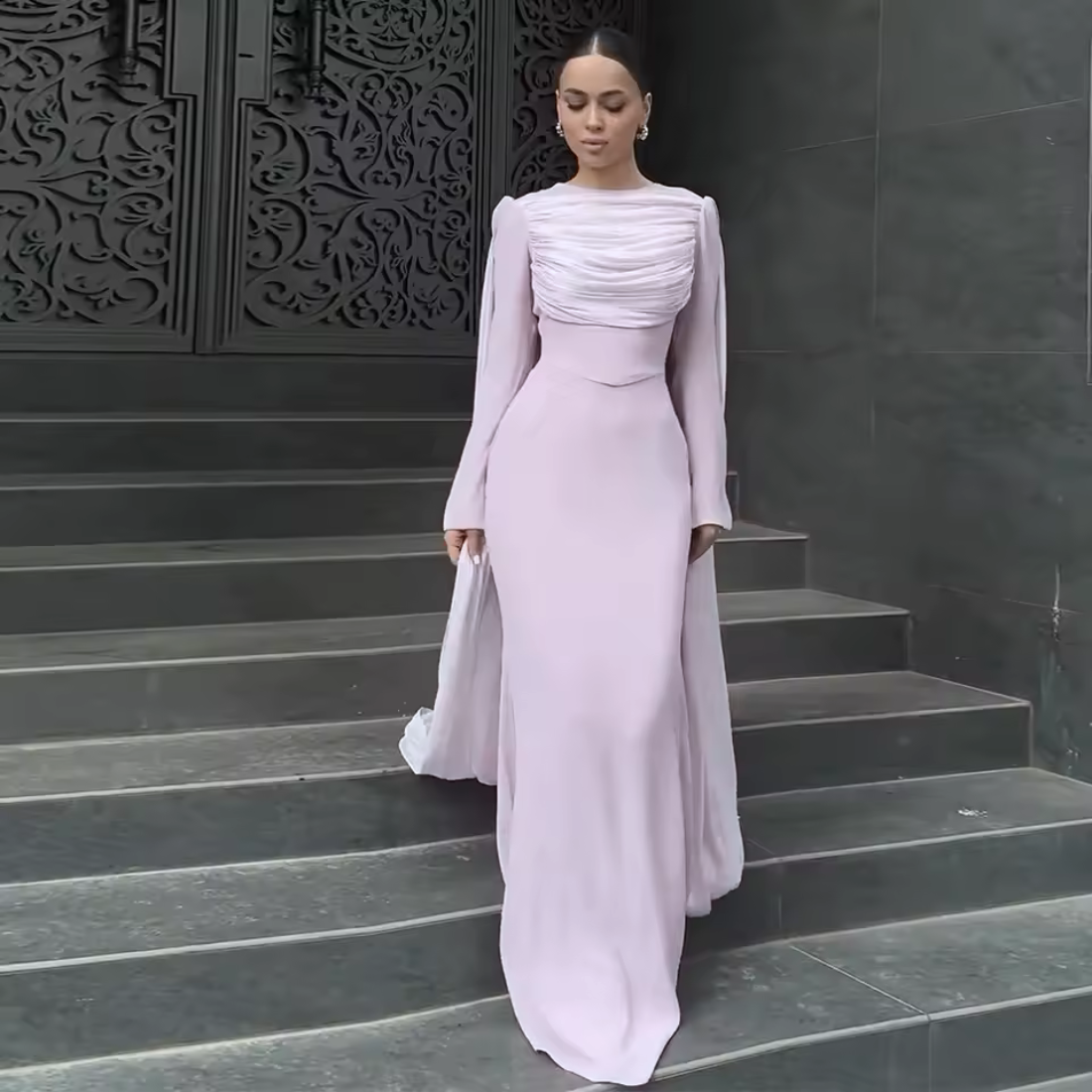 Light Pink Chiffon Modest Pleated Cape Floor-Length Dress 16W