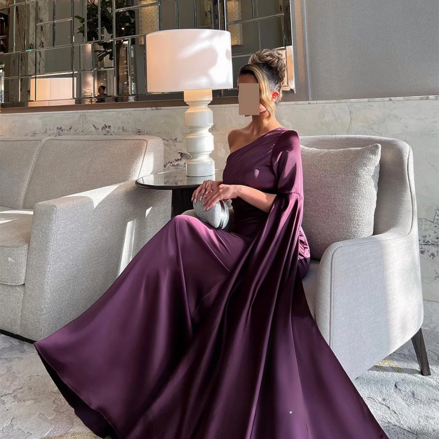 Purple Satin One Shoulder Drape Sleeve Mermaid Long Evening Dress, Sitting