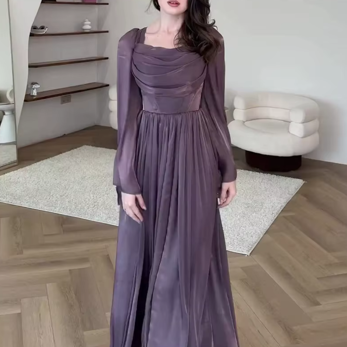 Purple Shiny Chiffon Pleated Flare Sleeves A-Line Maxi Formal Dress