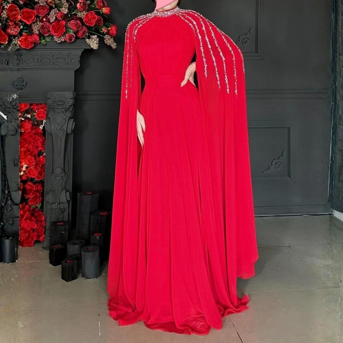 Red Modest High Neck Chiffon Drape Sparkly Sequin Evening Gown