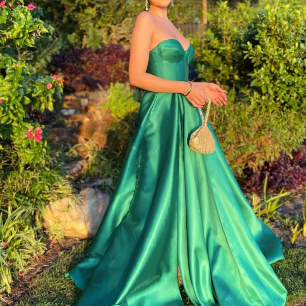 Shining Green Strapless Satin Floor-Length Prom Dress, left