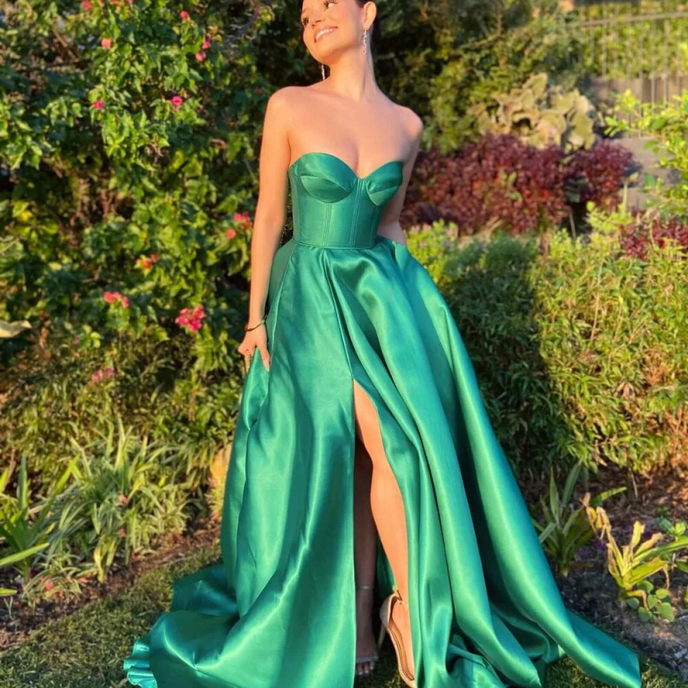 Shining Green Strapless Satin Floor-Length Prom Dress, Close Up
