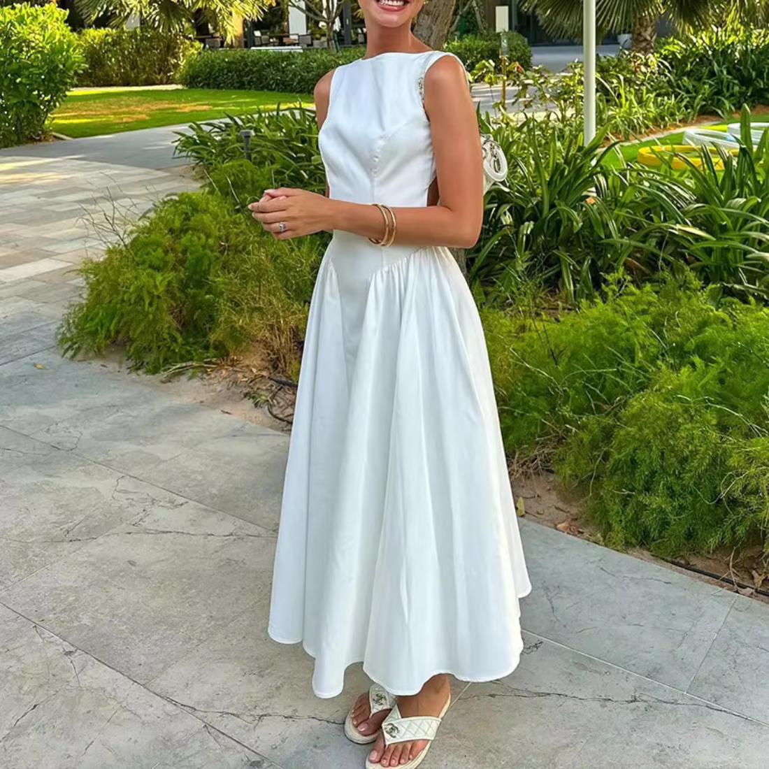 Simple White Sabrina Neck Sleeveless A-Line Formal Dress XL Simple White Sabrina Neck Sleeveless A-Line Formal Dress XL