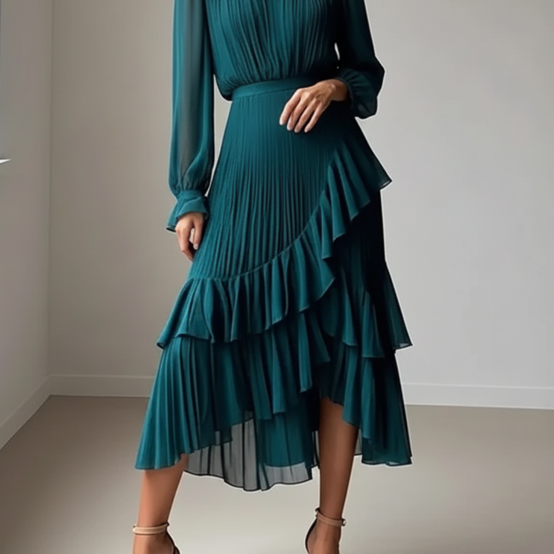 Teal Blue Chiffon High Neck Puff Sleeves Midi Dress, Close Up Skirt