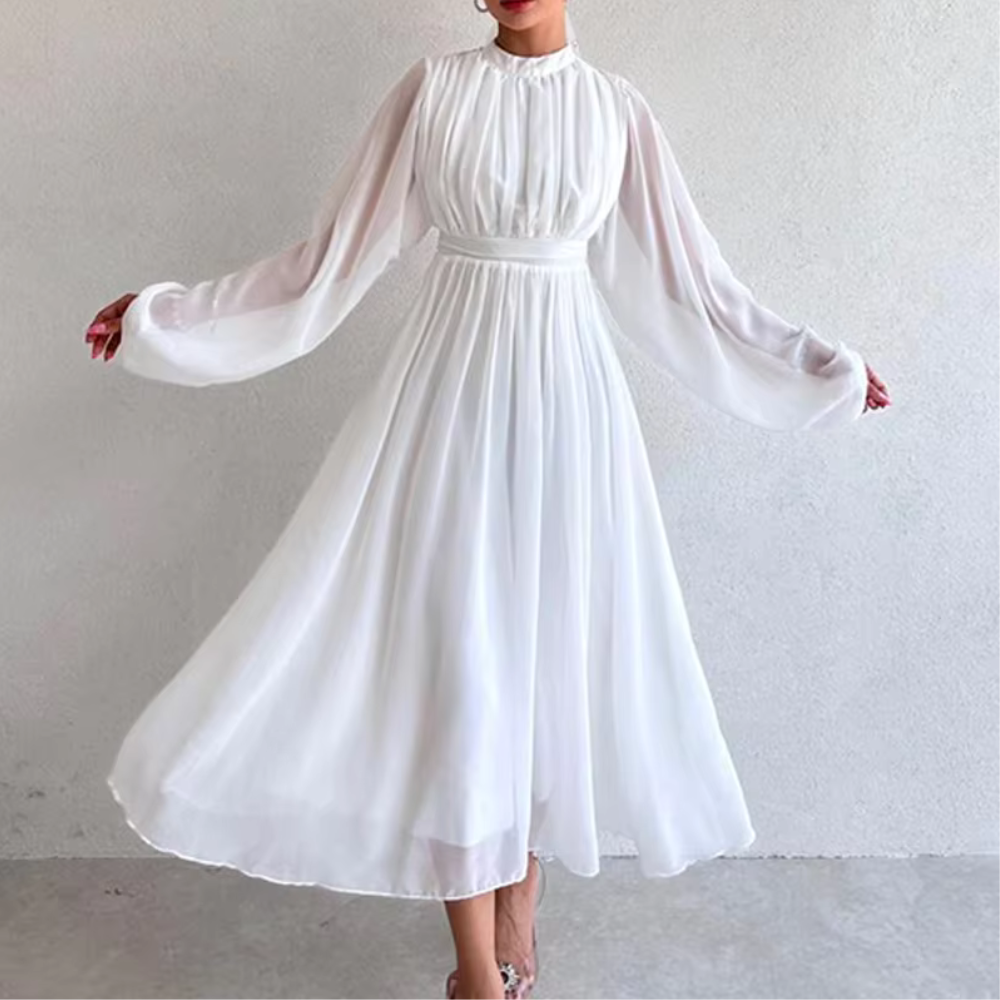 Modest Pleated Chiffon Flare Sleeves Midi Dress, White