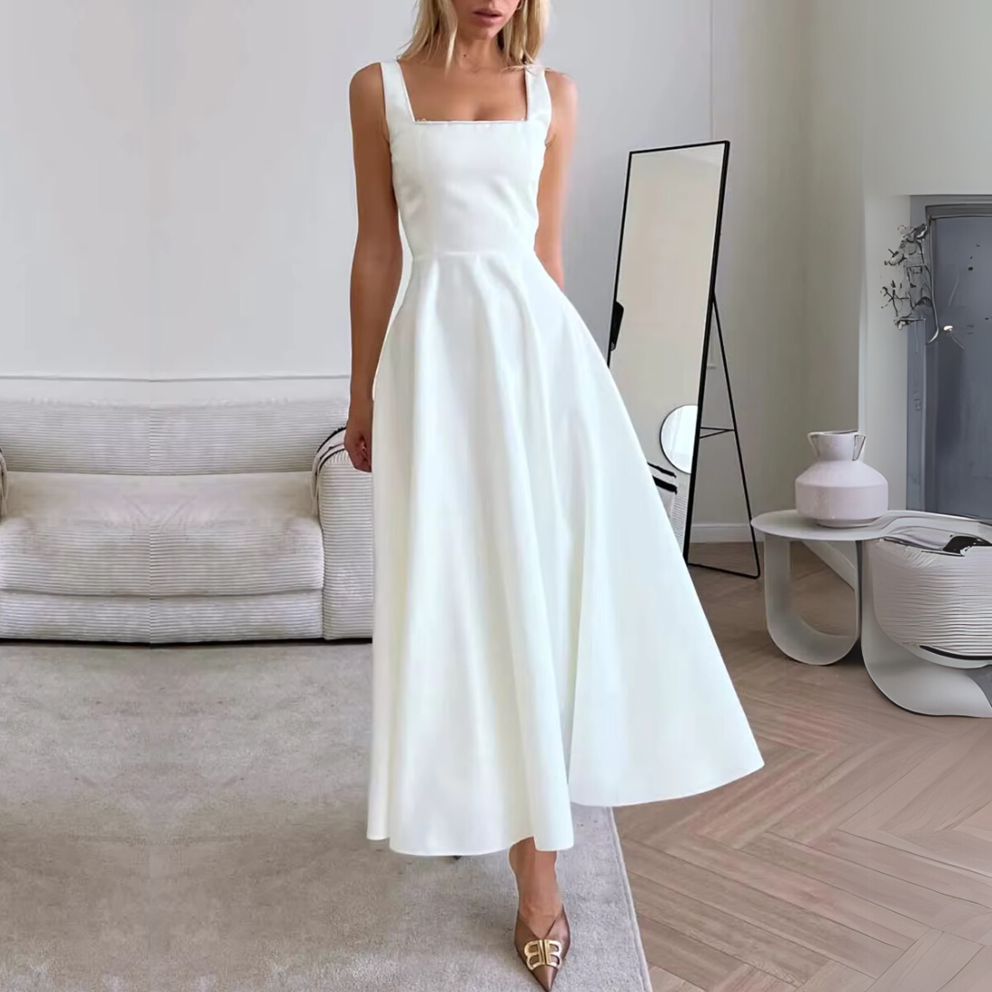 White Square Neck Sleeveless Satin Midi Dress L / White White Square Neck Sleeveless Satin Midi Dress L / White