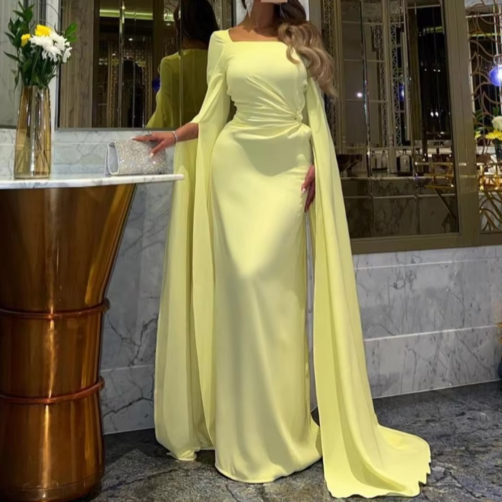 Yellow Modest Long Drape Sleeves Chiffon Elegant Gown 20W Yellow Modest Long Drape Sleeves Chiffon Elegant Gown 20W