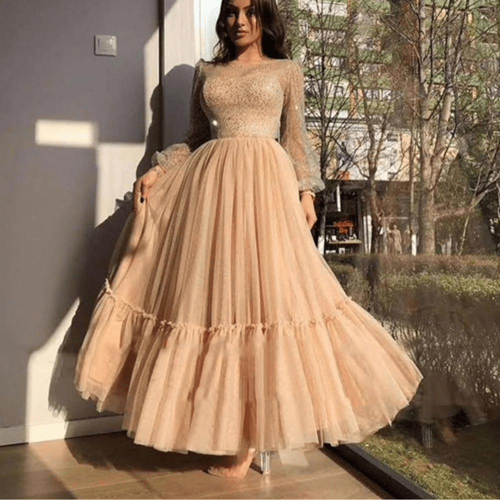 Champagne Sparkly Tulle Modest Prom Dress 14 Champagne Sparkly Tulle Modest Prom Dress 14