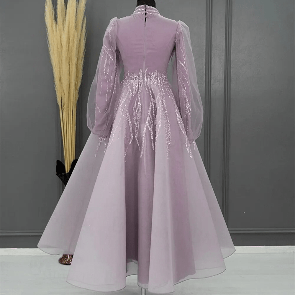 Dubai Abiye Elbise Sparkly Beaded Evening Dress, Purple, Back