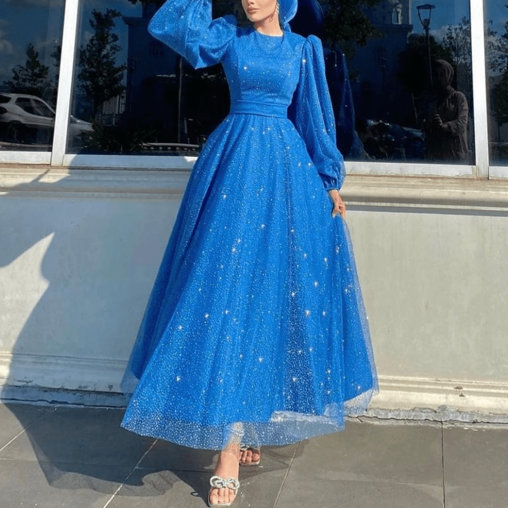 Dubai Modest Elegant Blue Glitter Evening Gown Little Lala Boutique Dubai Modest Elegant Blue Glitter Evening Gown Little Lala Boutique