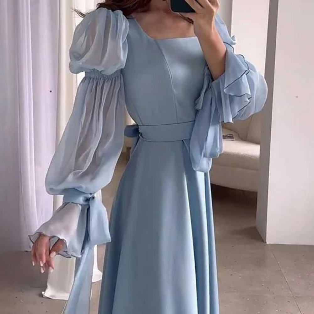 Light-Blue Square Neck Long Tiered Sleeves Maxi Dress L
