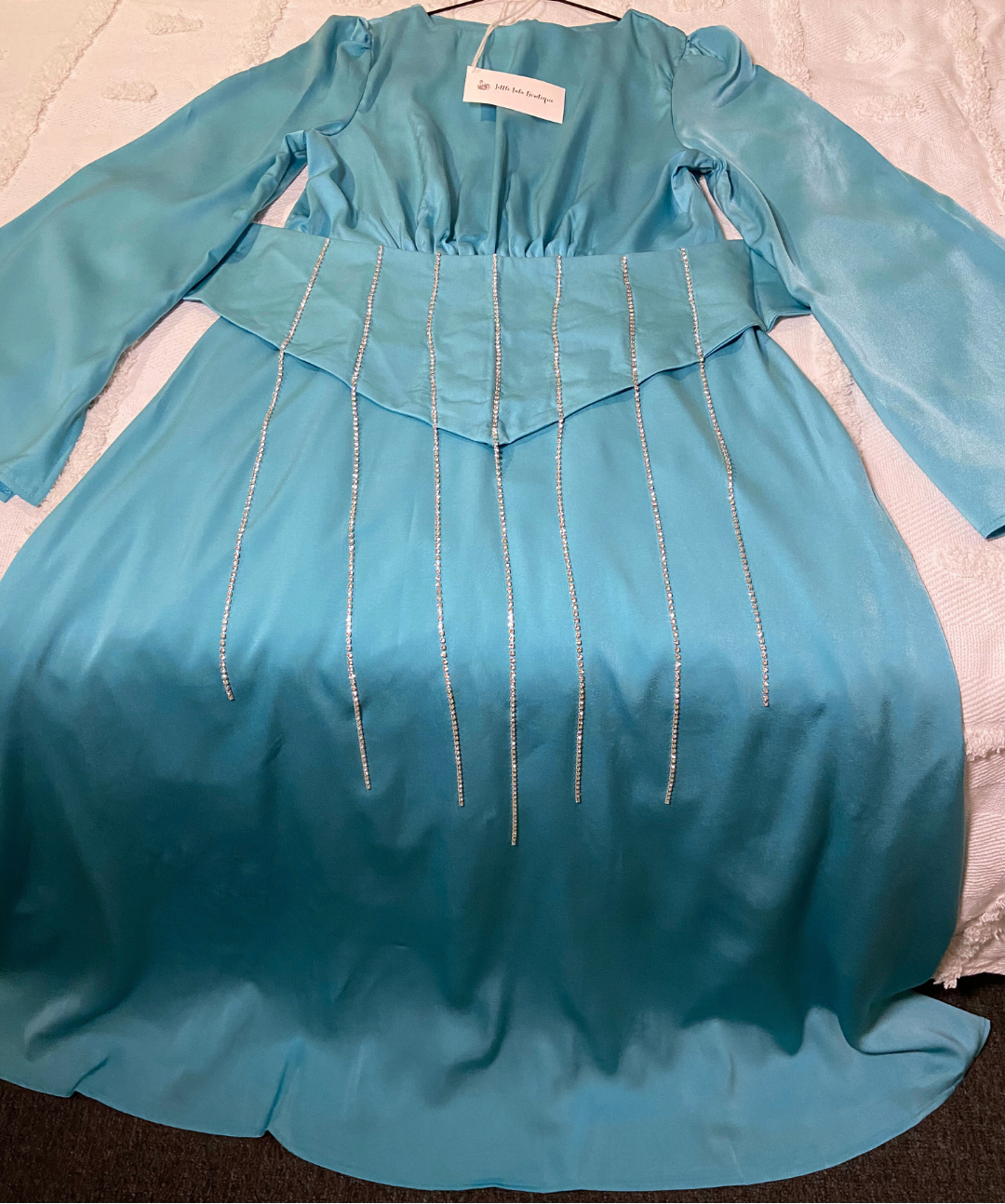 Teal Blue Satin Modest Sparkly Flare Sleeves Maxi Dress