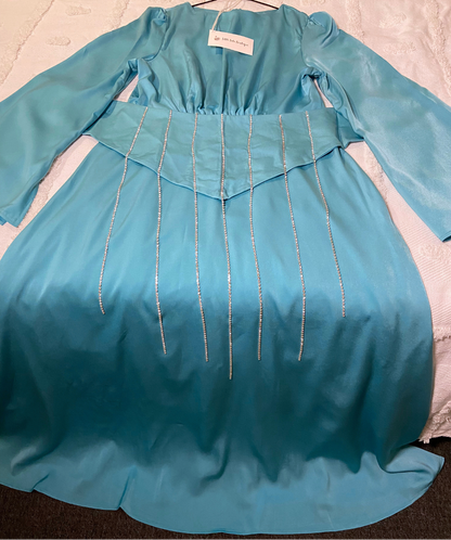 Teal Blue Satin Modest Sparkly Flare Sleeves Maxi Dress