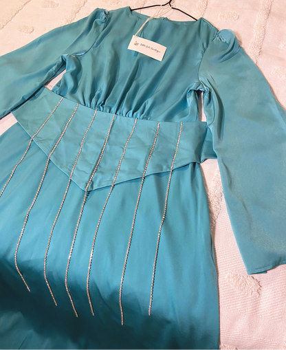 Teal Blue Satin Modest Sparkly Flare Sleeves Maxi Dress