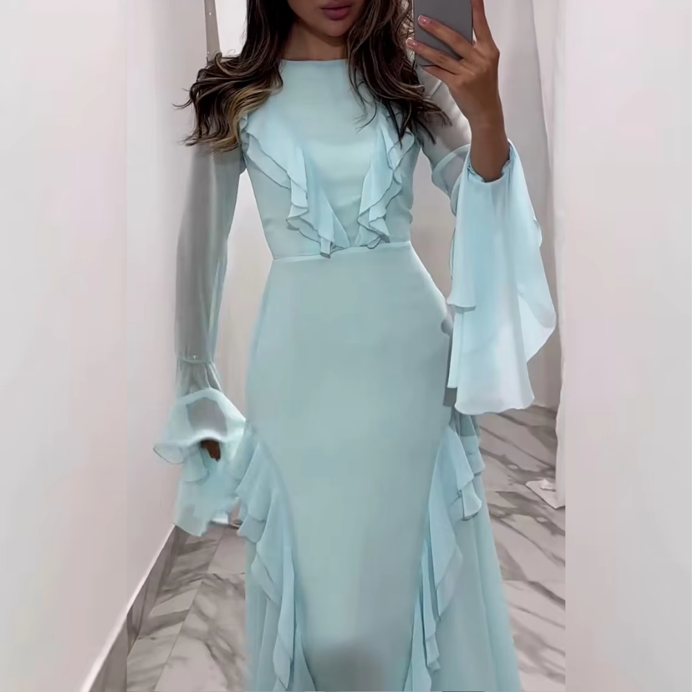 Sky Blue Ruffle Long Sleeves Evening Dress, Left