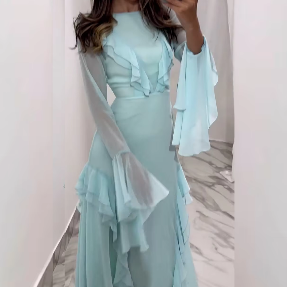 Sky Blue Ruffle Long Sleeves Evening Dress, Right