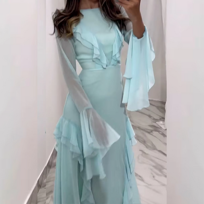 Sky Blue Ruffle Long Sleeves Evening Dress, Right
