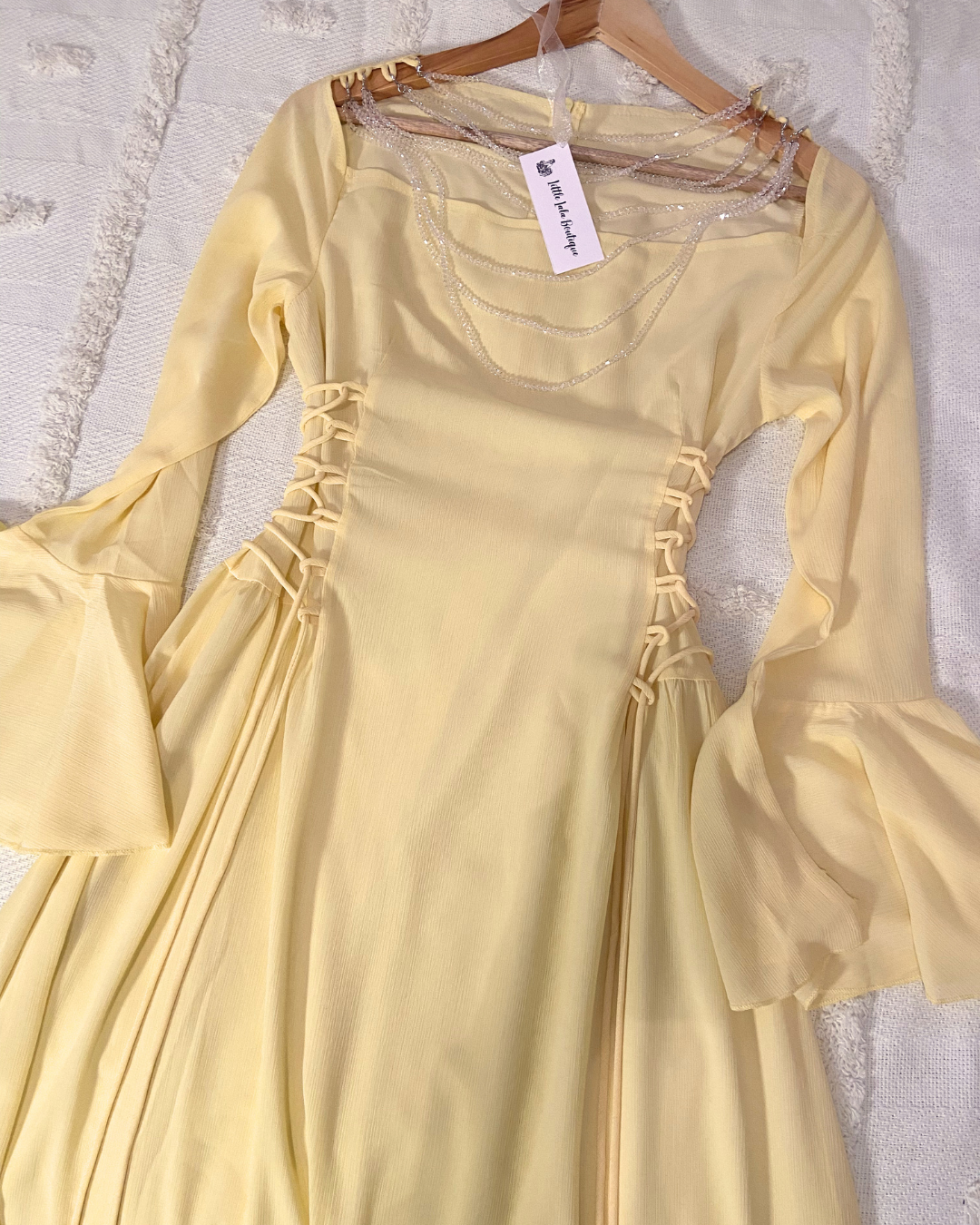Yellow Chiffon Sparkly Beaded Long Flare Sleeves Maxi Dress
