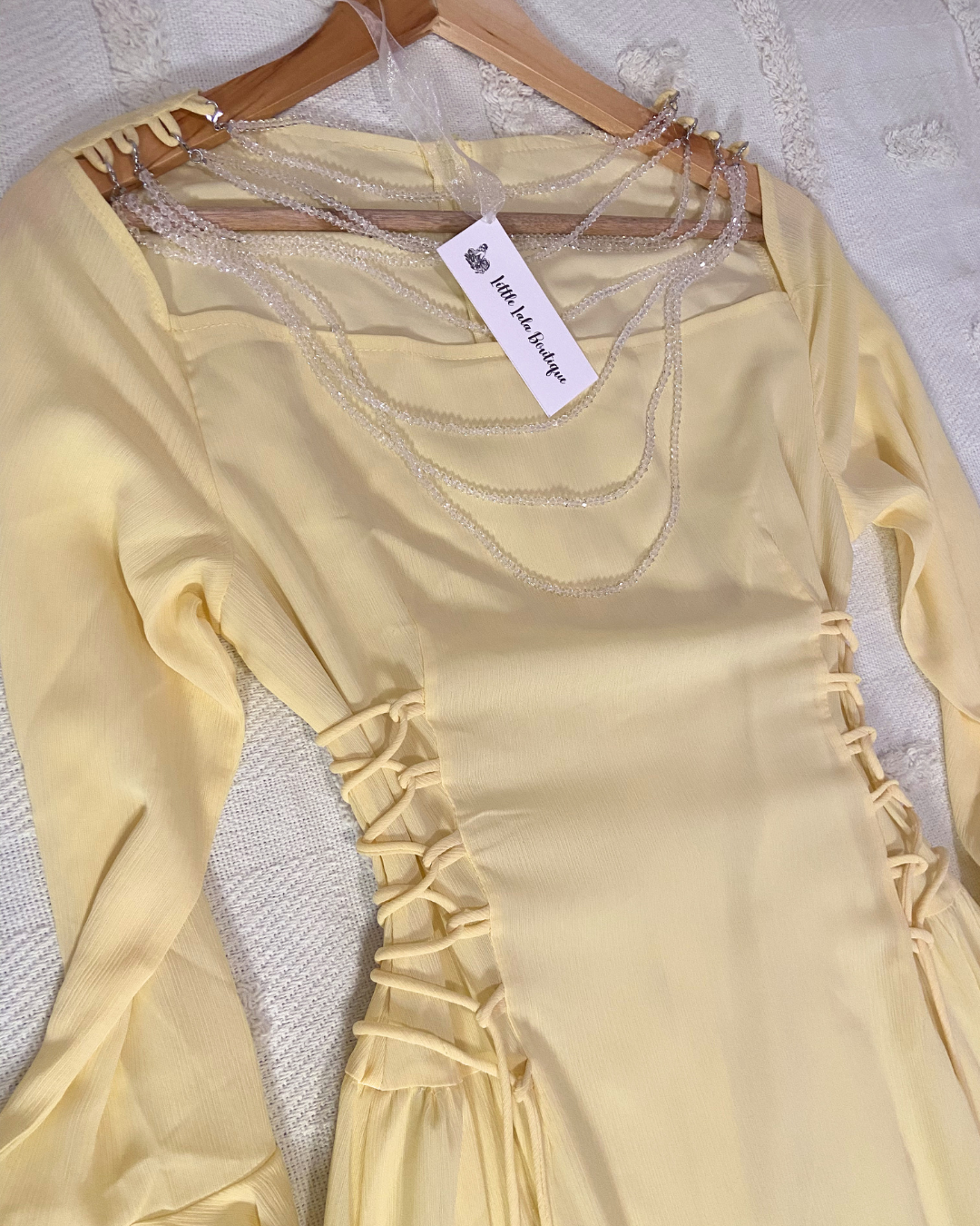 Yellow Chiffon Sparkly Beaded Long Flare Sleeves Maxi Dress