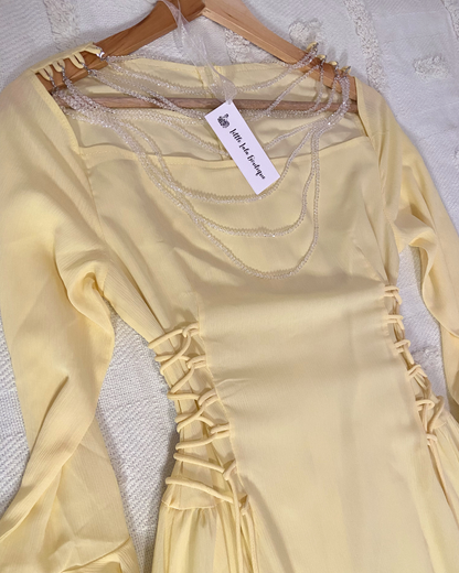 Yellow Chiffon Sparkly Beaded Long Flare Sleeves Maxi Dress