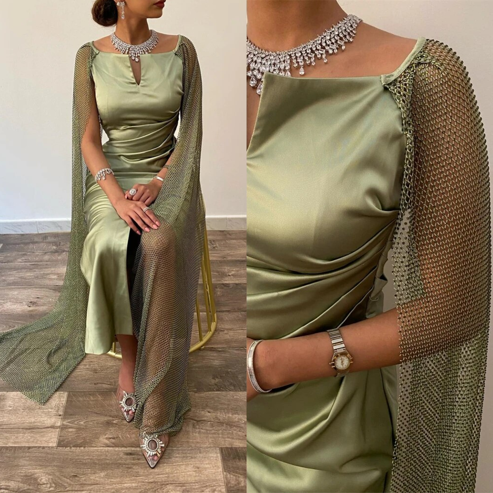 Elegant Green Satin Sheath Prom Dress, Front