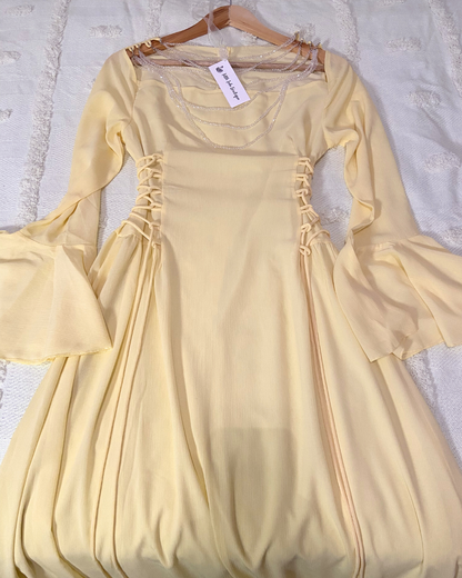 Yellow Chiffon Sparkly Beaded Long Flare Sleeves Maxi Dress