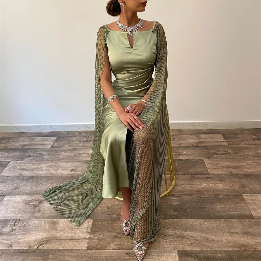 Elegant Green Satin Sheath Prom Dress, Long Shot