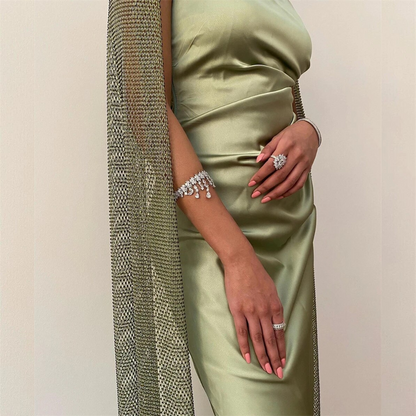 Elegant Green Satin Sheath Prom Dress, Left