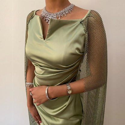Elegant Green Satin Sheath Prom Dress, Right