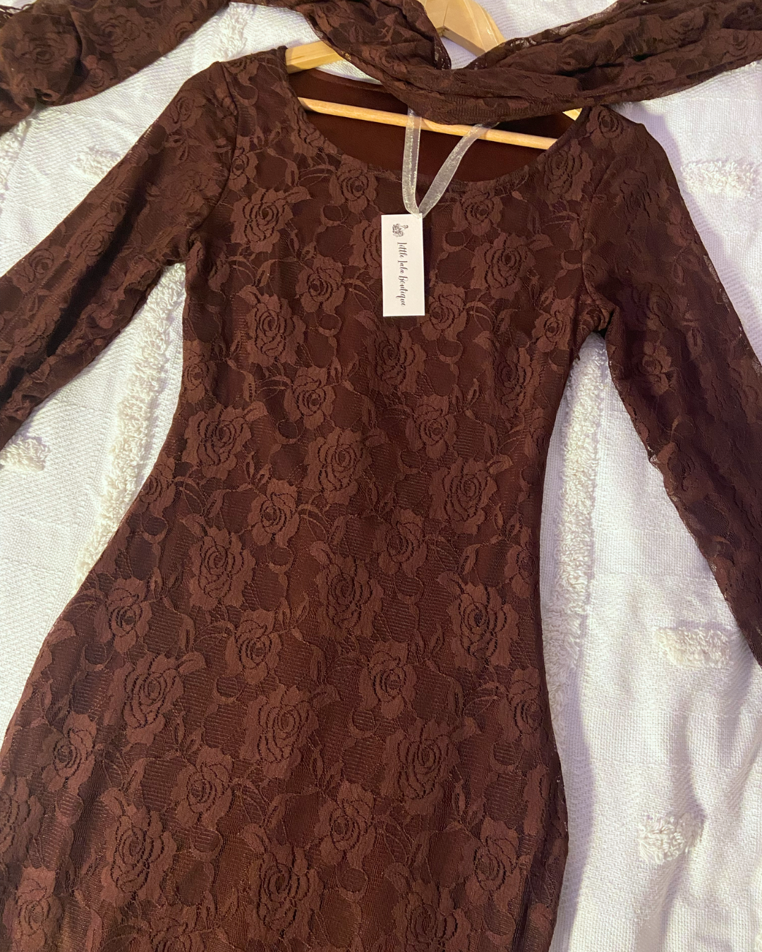 Dark Brown Floral Lace Long Sleeves Mermaid Maxi Dress with Matching Scarf