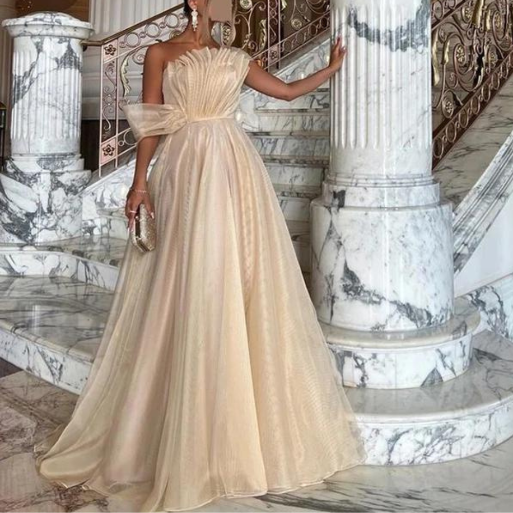 Elegant Ivory Beige Ruffle Evening Gown 10