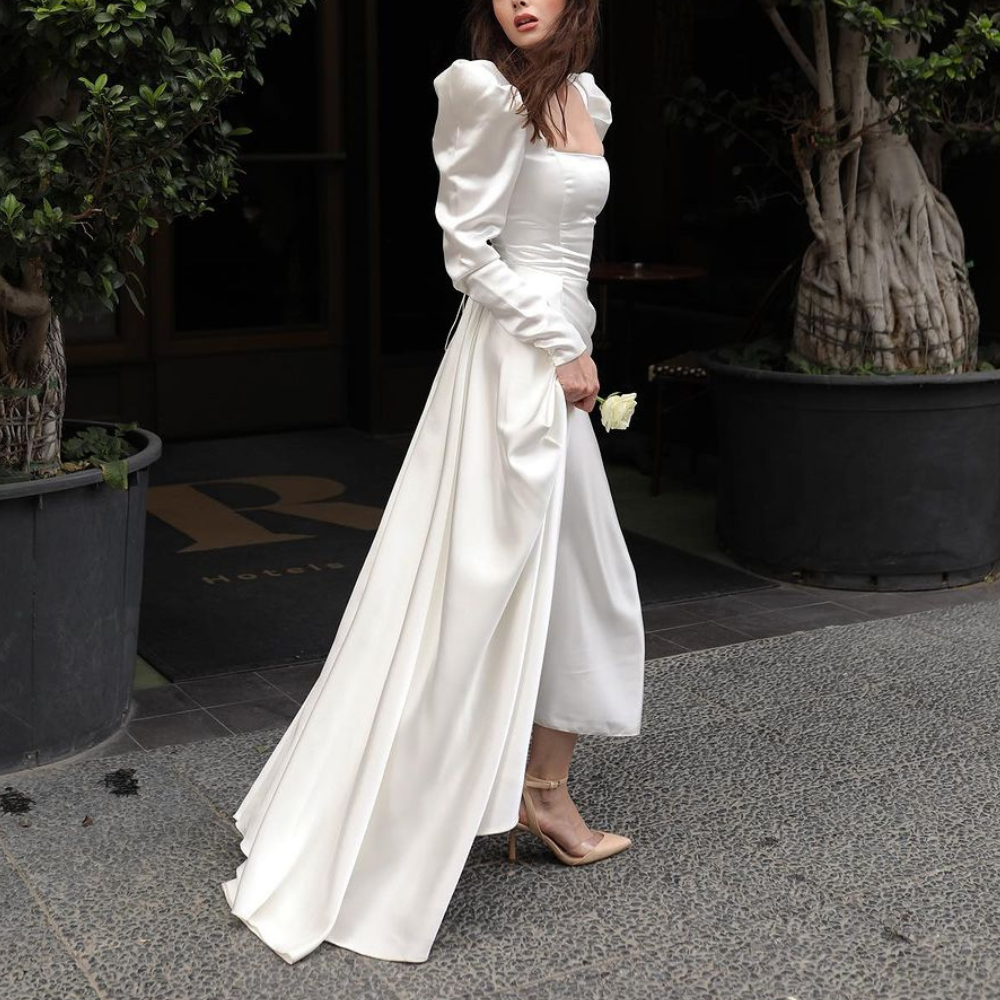 Elegant Satin White Modest Bridal Dress 18W