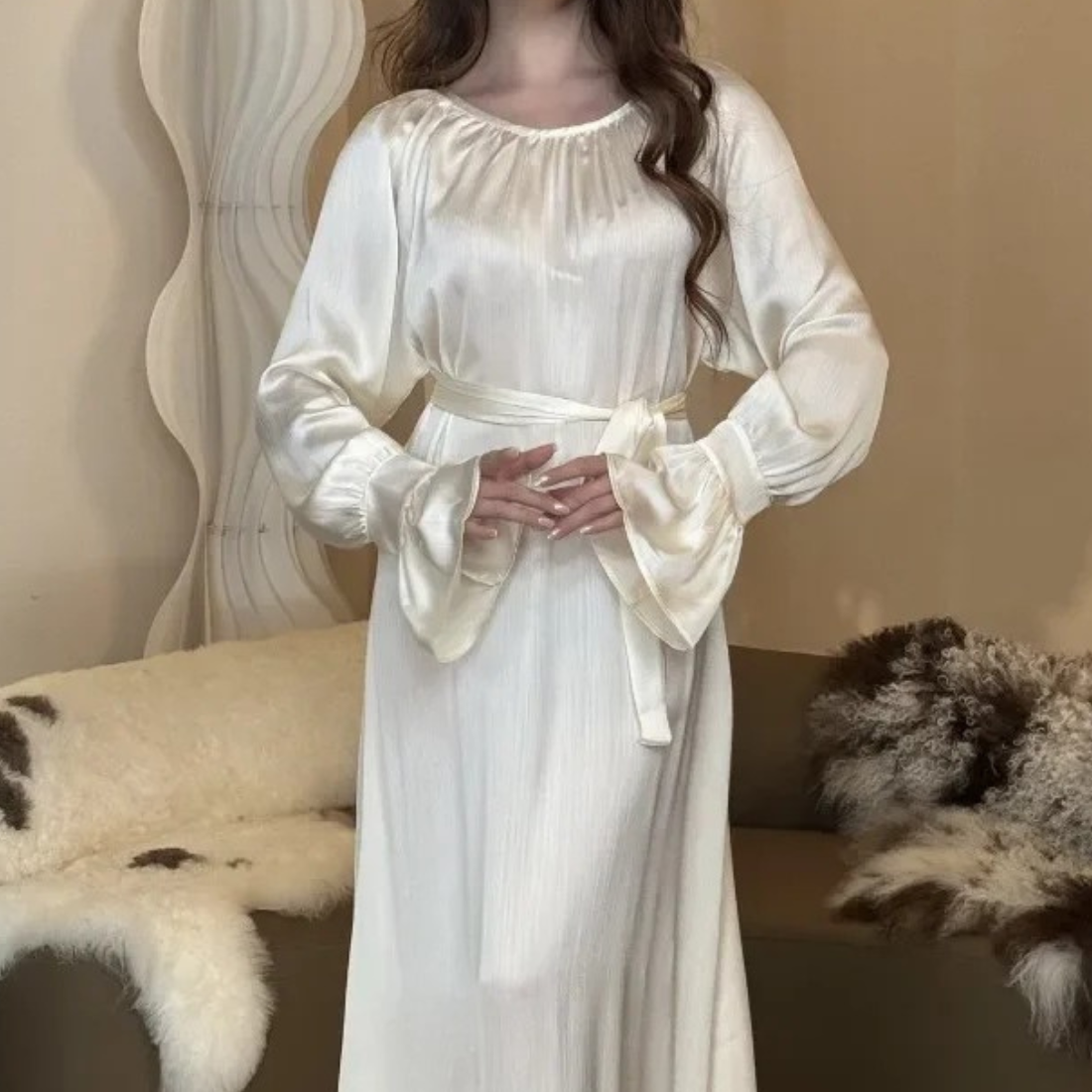 Ivory White Satin Modest Waist Tie Puff Sleeves Long Gown, Close Up 2