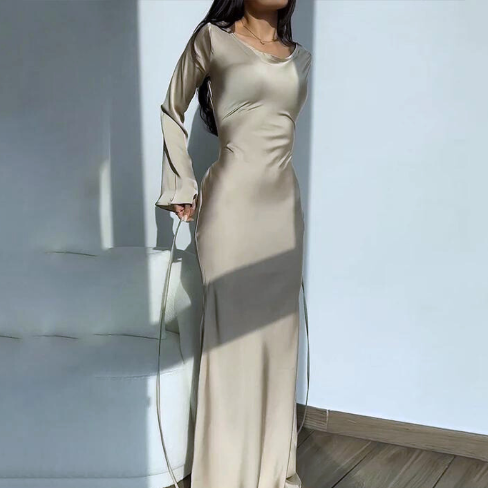 Silky Beige Modest Evening Dress Little Lala Boutique Silky Beige Modest Evening Dress Little Lala Boutique