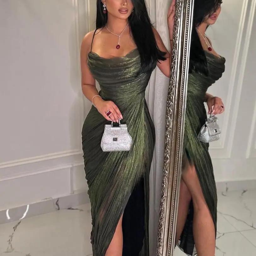 Green Pleated Sleeveless Floor-Length Prom Dress Little Lala Boutique Green Pleated Sleeveless Floor-Length Prom Dress Little Lala Boutique