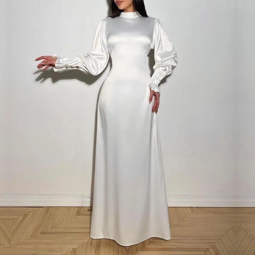 White Modest Silky Satin Evening Dress 14 / Custom