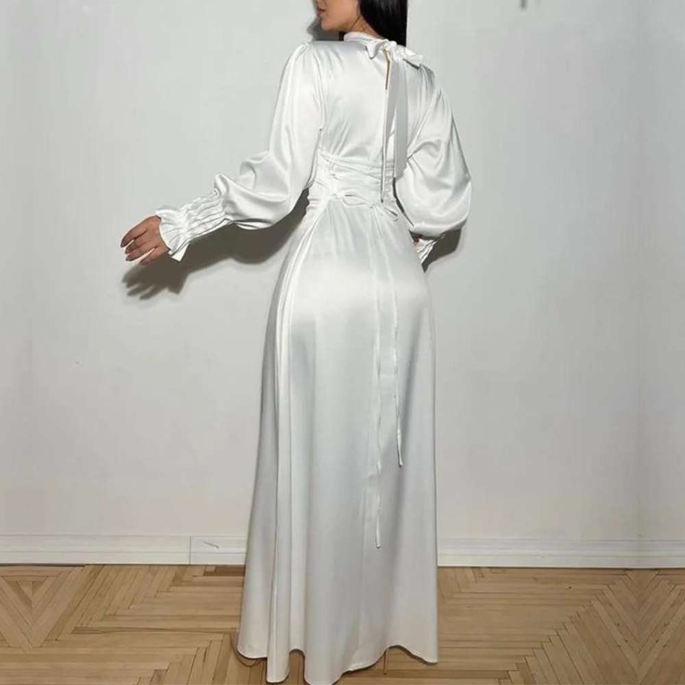 White Modest Silky Satin Evening Dress Custom / Green
