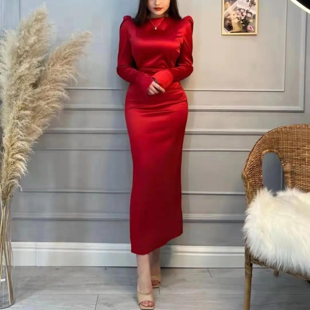 red satin dress with sleeves High Neck Puff Bodycon Classy Formal – Little Lala Boutique Snow White Royal Inspired Customized sleeve length and Women-Aline-dress Size:15.5 M 36-37