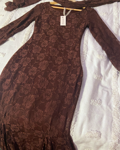 Dark Brown Floral Lace Long Sleeves Mermaid Maxi Dress with Matching Scarf