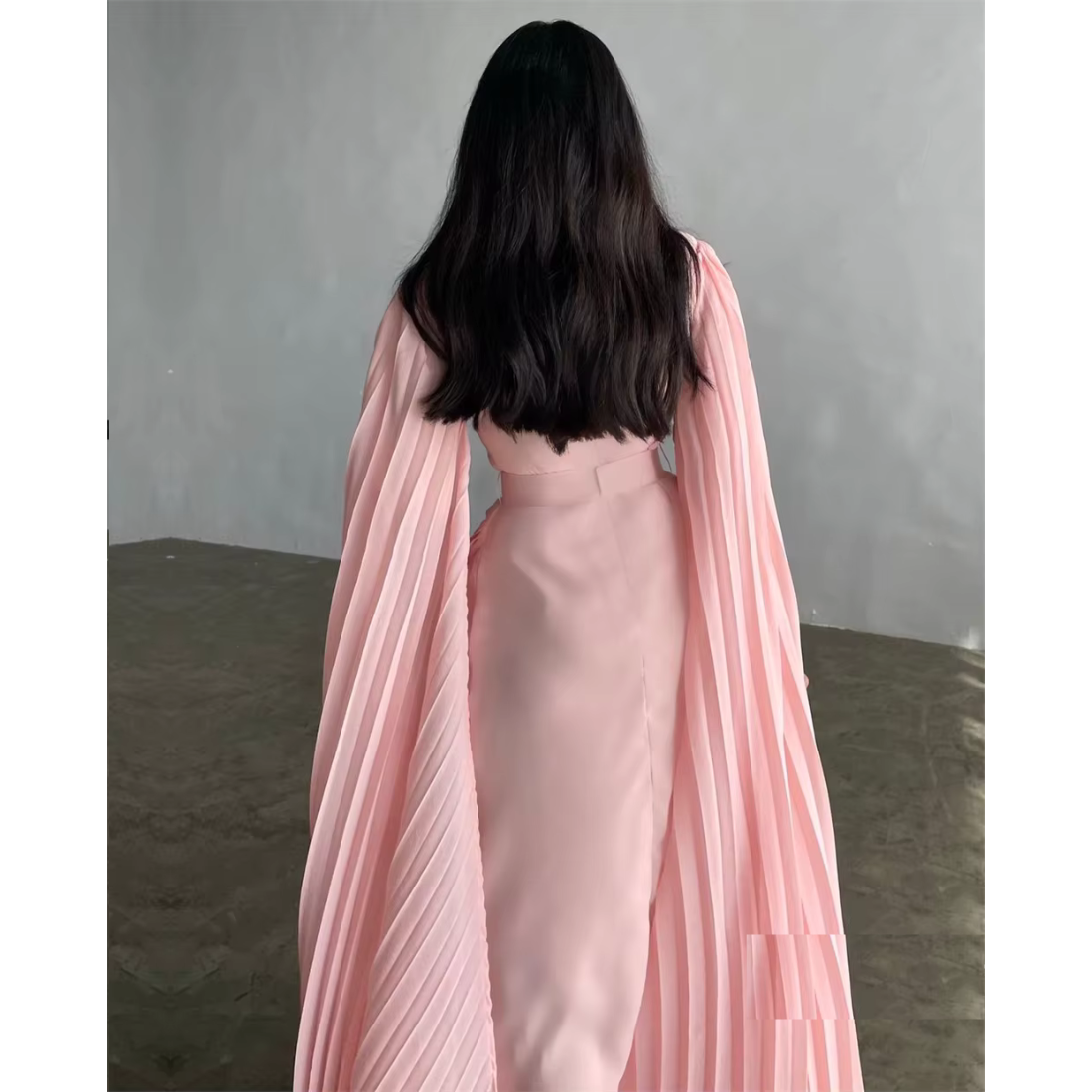 Pink Modest Drape Sleeves Pleated Chiffon Evening Dress
