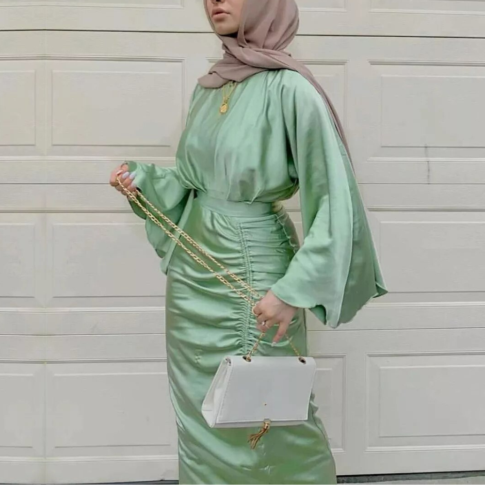 Green Modest Silk Abaya Loose Tie Long Dress