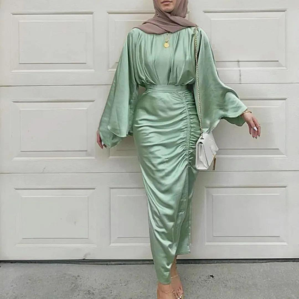 Green Modest Silk Abaya Loose Tie Long Dress