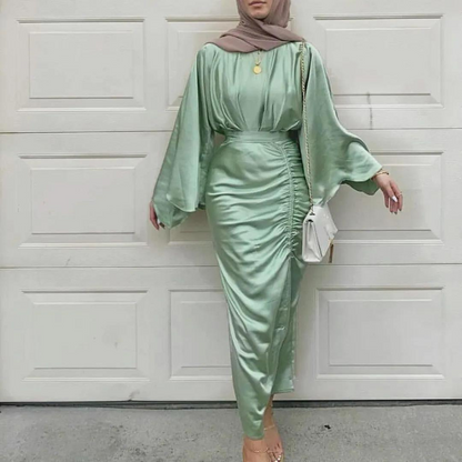 Green Modest Silk Abaya Loose Tie Long Dress
