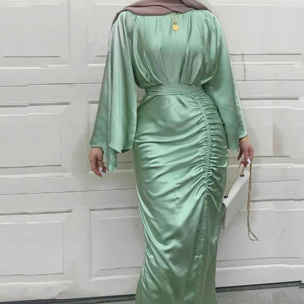 Green Modest Silk Abaya Loose Tie Long Dress