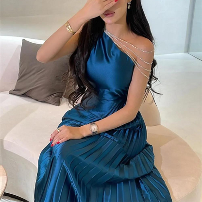 Night Blue Satin One-Shoulder Pleated Evening Dress 2 Night Blue Satin One-Shoulder Pleated Evening Dress 2