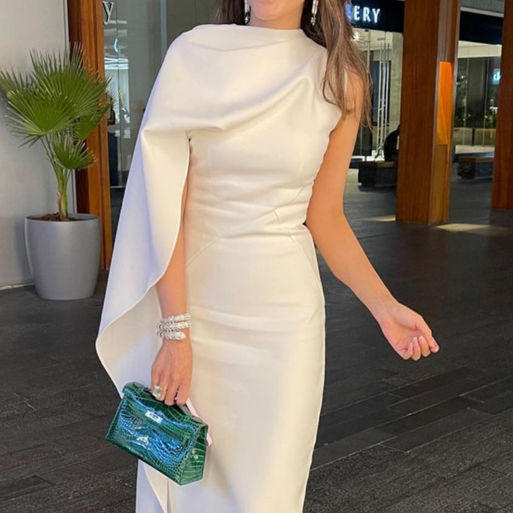 White Classy Drape Sleeves Midi Evening Dress 26W